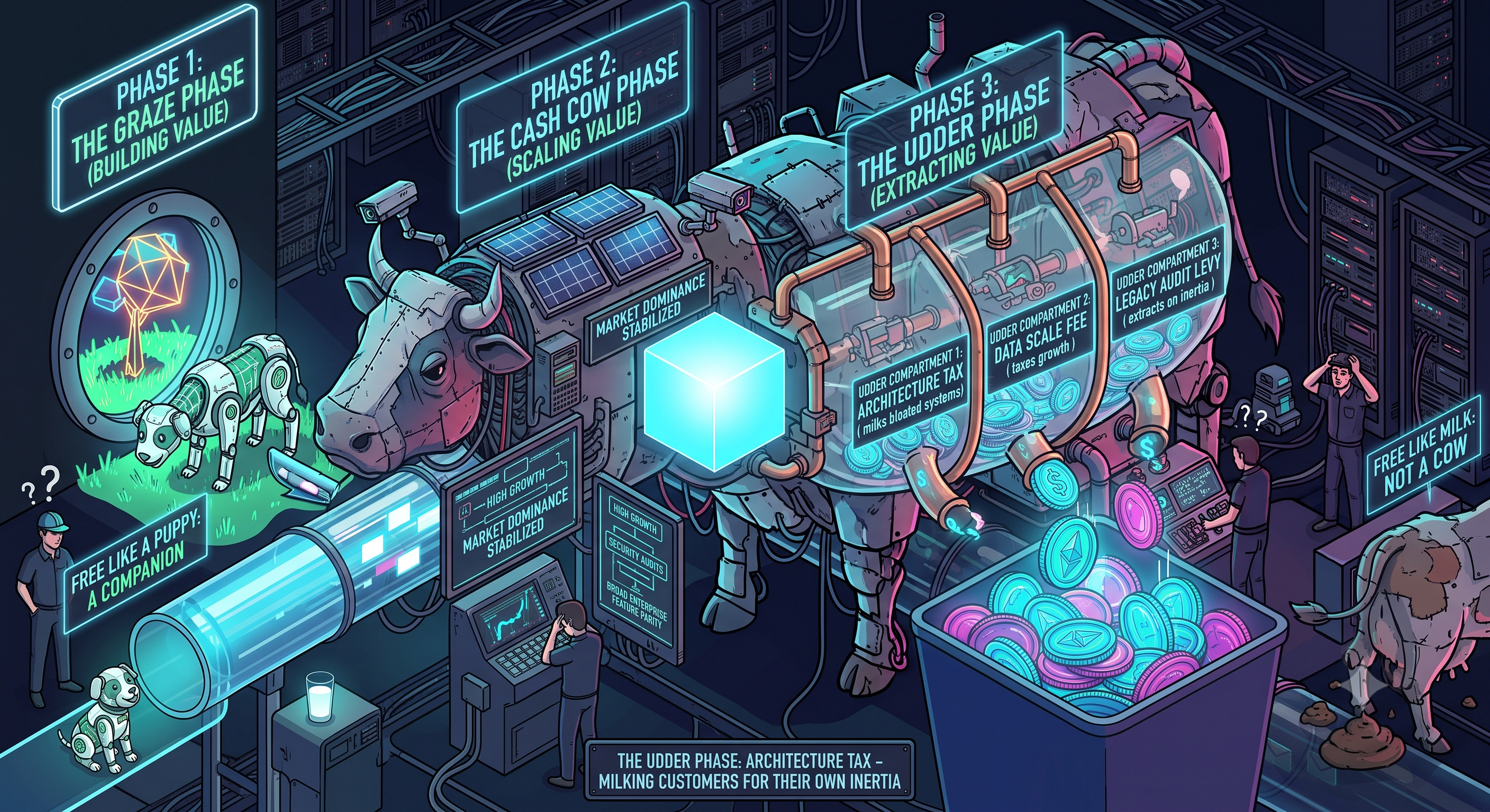 A 3D isometric tech illustration showing the three phases of enterprise software evolution: innovation, stability, and bureaucratic extraction.